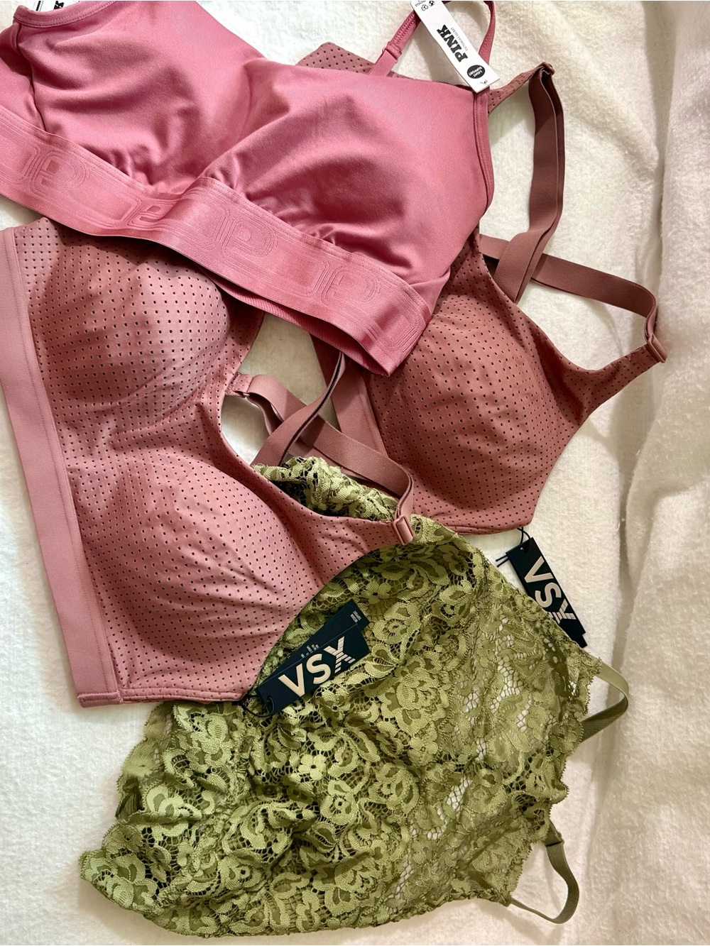 NWT Victoria’s Secret bundle 4 sports bras rose pink & olive green medium 34C